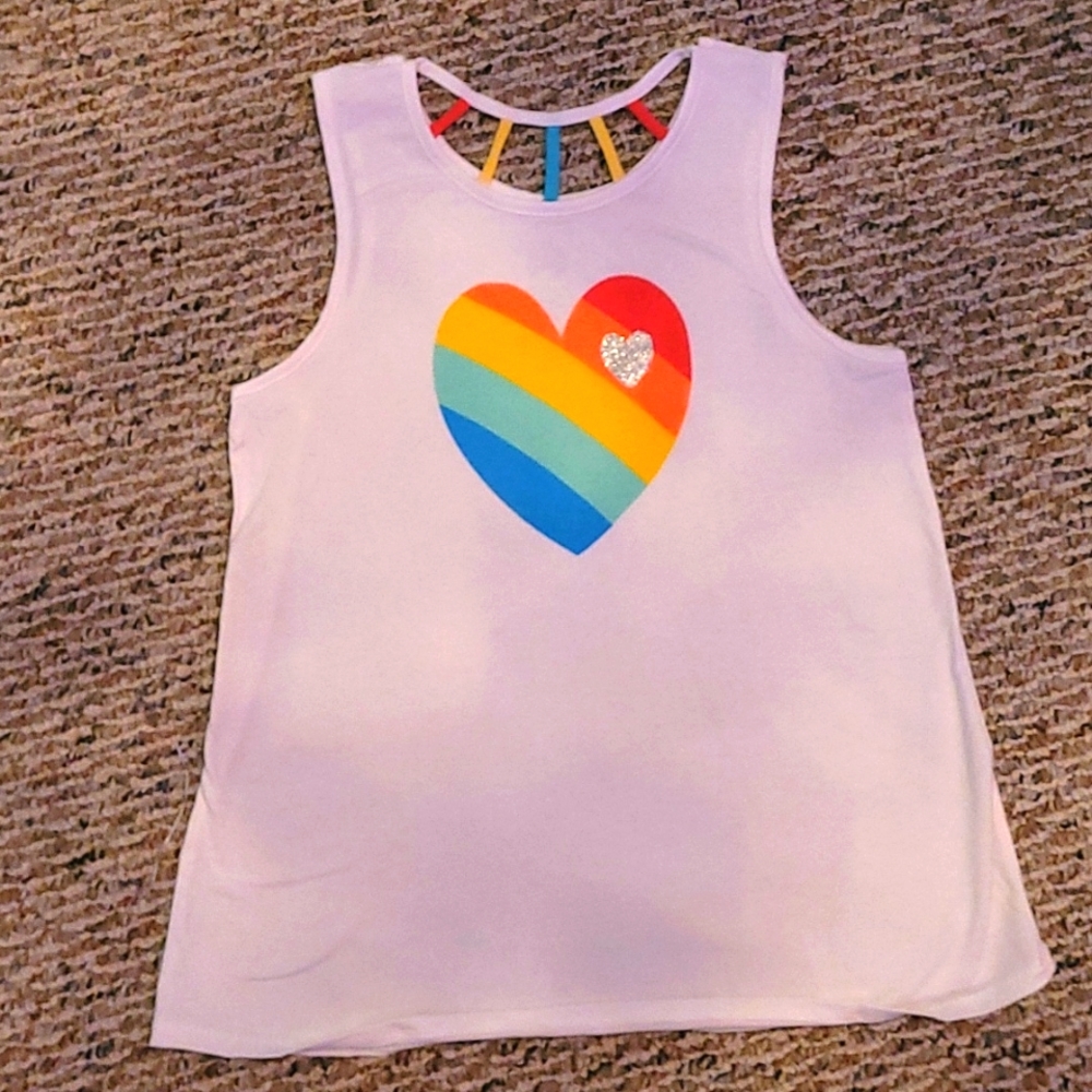White tank top with a rainbow heart.
